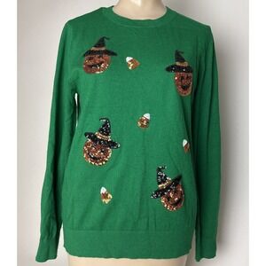 Victoria Harbour M Halloween Pumpkin Candy Corn Sequin Halloween Sweater green
